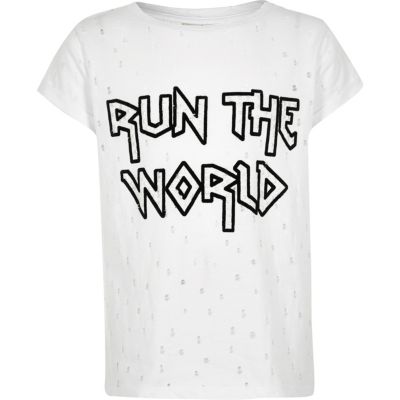 Girls white &#39;run the world&#39; distress T-shirt